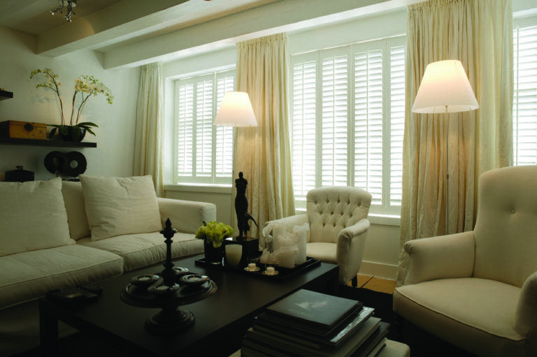 window shutters white modern living room - Fitted by the shutter company Newport